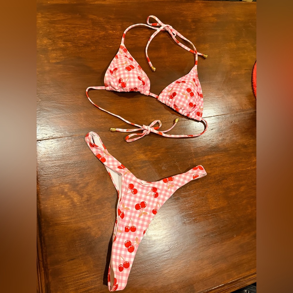 Cherry Print Pink Gingham Bikini Set